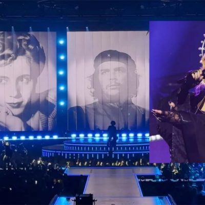 Madonna nacional y popular: cantó en vivo “No llores por mí, Argentina” con fotos de Evita y el Che